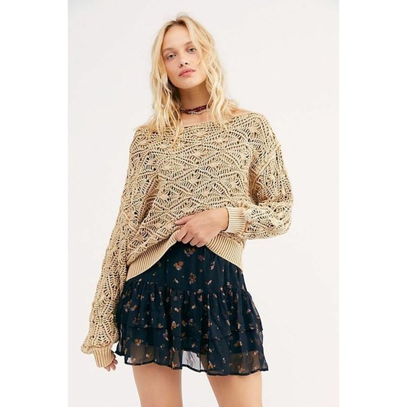 NEW Free People Bittersweet Brown Off Shoulder Crochet Sweater Open Knit - Large - Picture 6 of 6